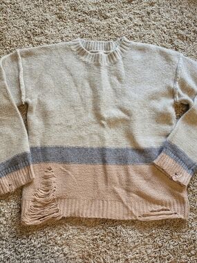 Crewneck Colorblock Knit Sweater in Cream, Gray & Blush Medium